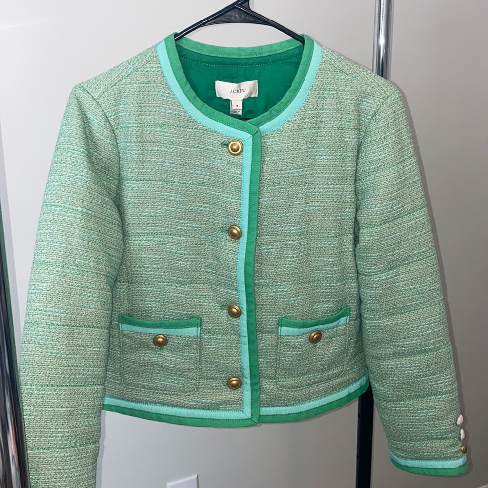 NEW! J. Crew Green Spearmint Tweed Collarless Jacket Blazer